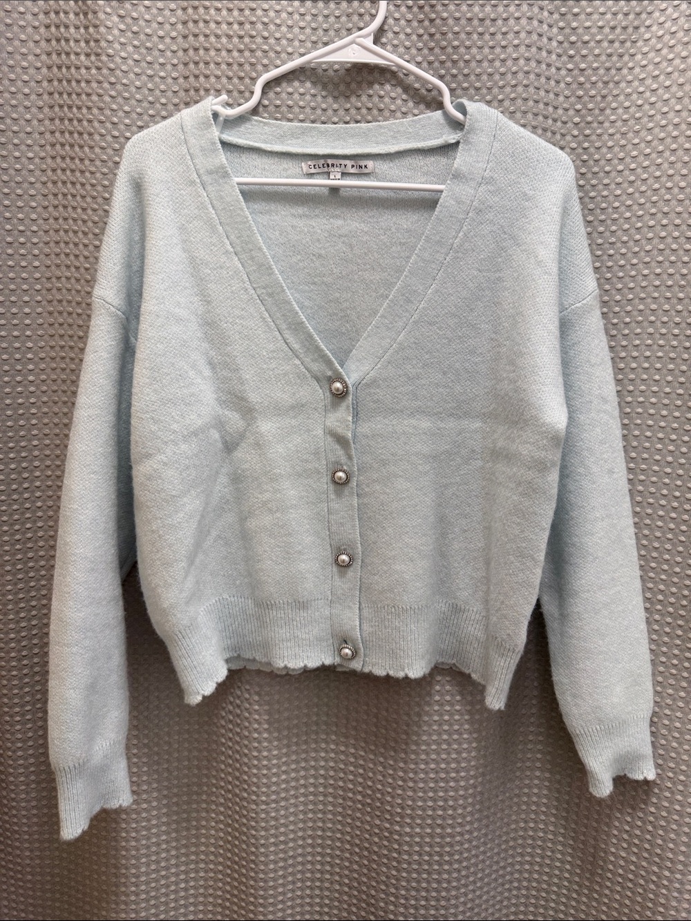 Celebrity Pink Light Blue Pearl Button V-Neck Cardigan
